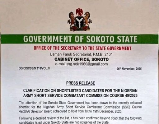 Sokoto Government Rejects ‘Non Indigene Names’ on Army Shortlist, Says Slots Are for Indigenes Only